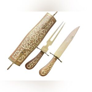 Vintage brass carving set handcrafted knife, fork and sheath, solid intricate